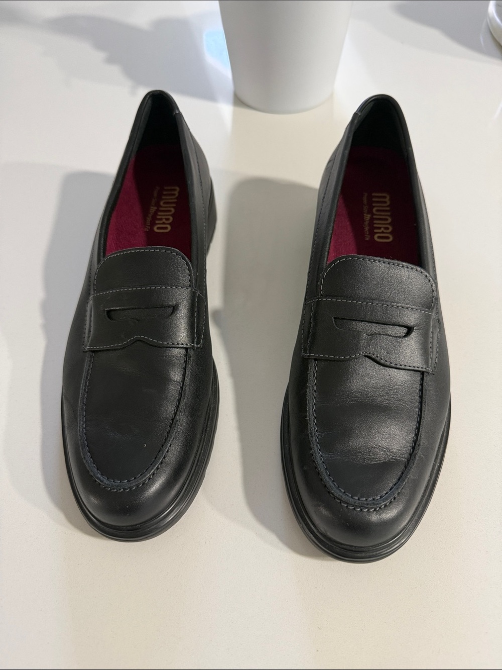 Munro Black Leather Penny Loafers with Burgundy Liner